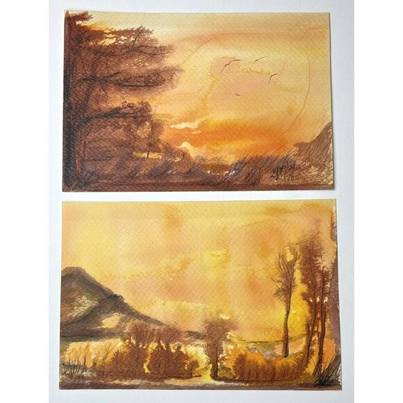 VTG 1978 Pair 9"x6” Orange Landscape WATERCOLOR Original Fine Art Signed G. REY - Picture 1 of 4